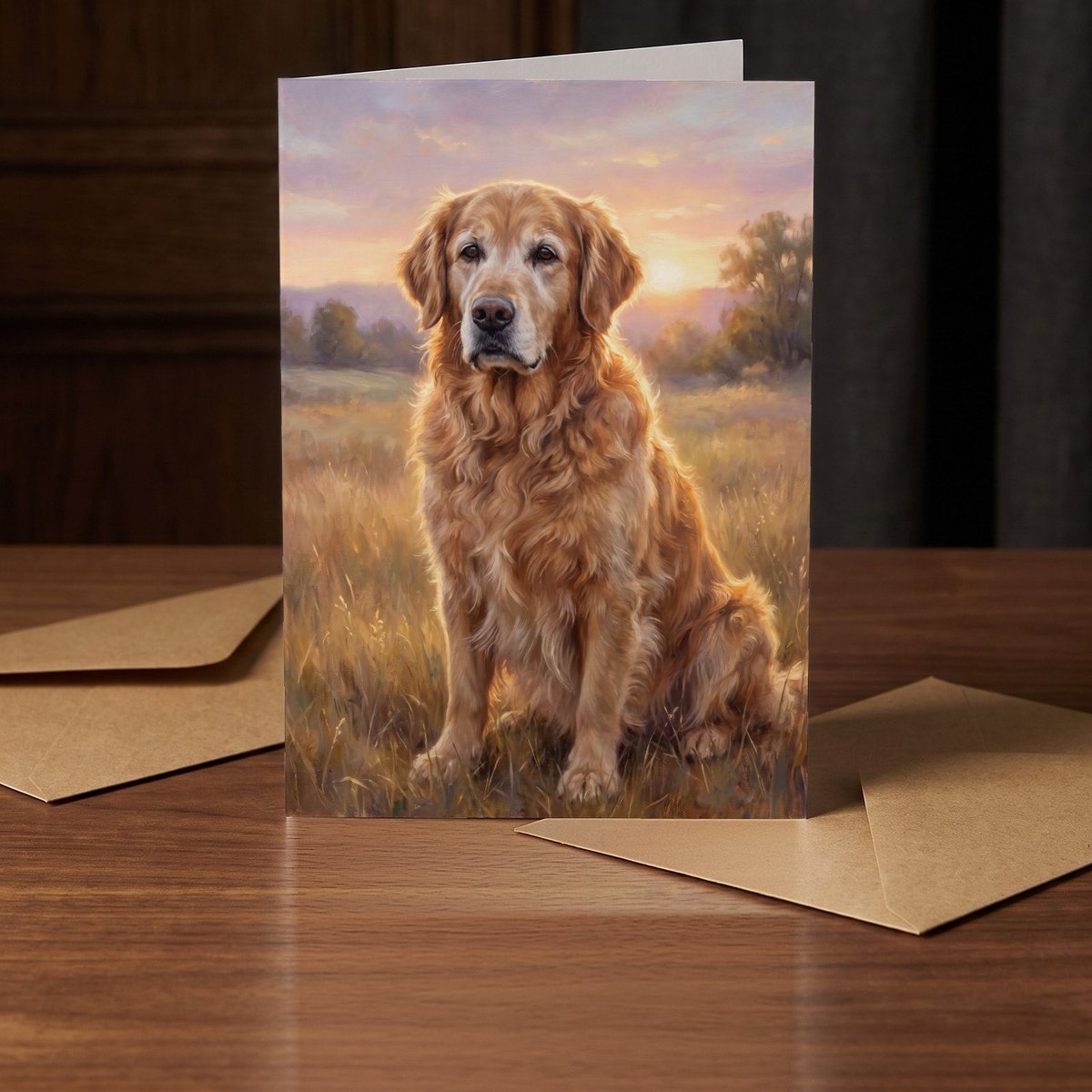 A folded card standing on a warm walnut table in a dim room