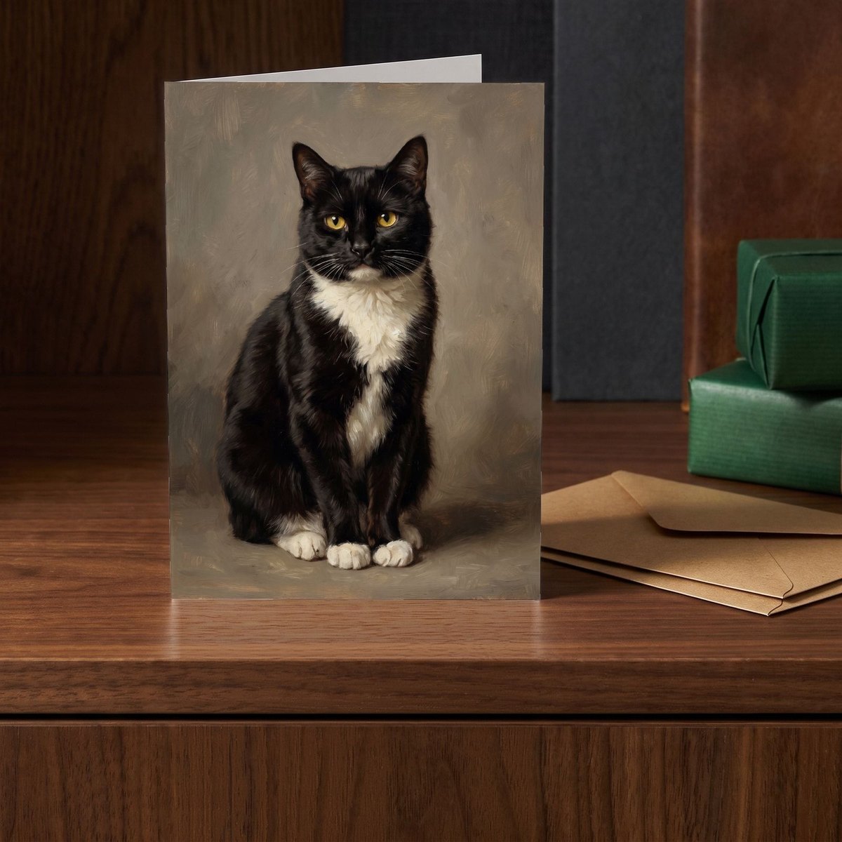 A folded card standing on a walnut sideboard beside two presents wrapped in green