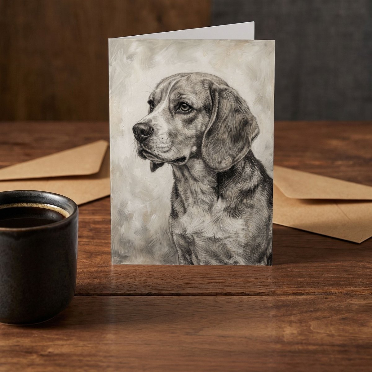 A folded card standing on a rustic wood table beside a mug of coffee