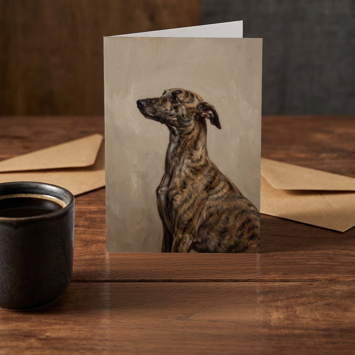 A folded card standing on a rustic wood table beside a mug of coffee