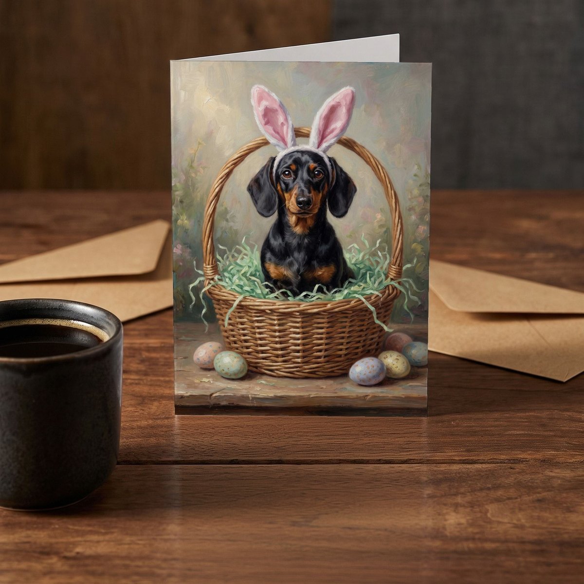 A folded card standing on a rustic wood table beside a mug of coffee