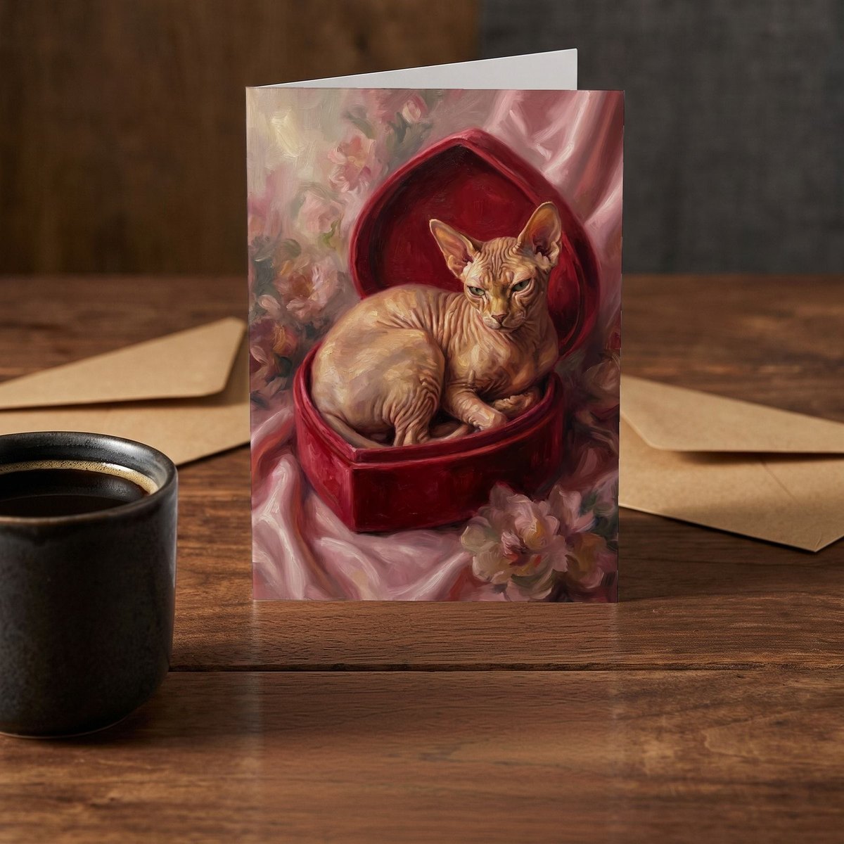 A folded card standing on a rustic wood table beside a mug of coffee