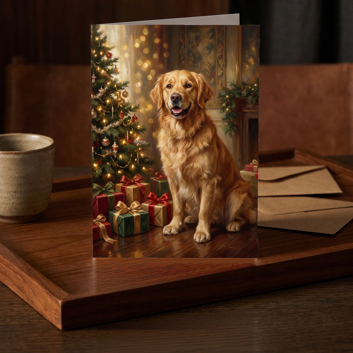 A folded card standing on a dark teak tray beside a small stoneware cup