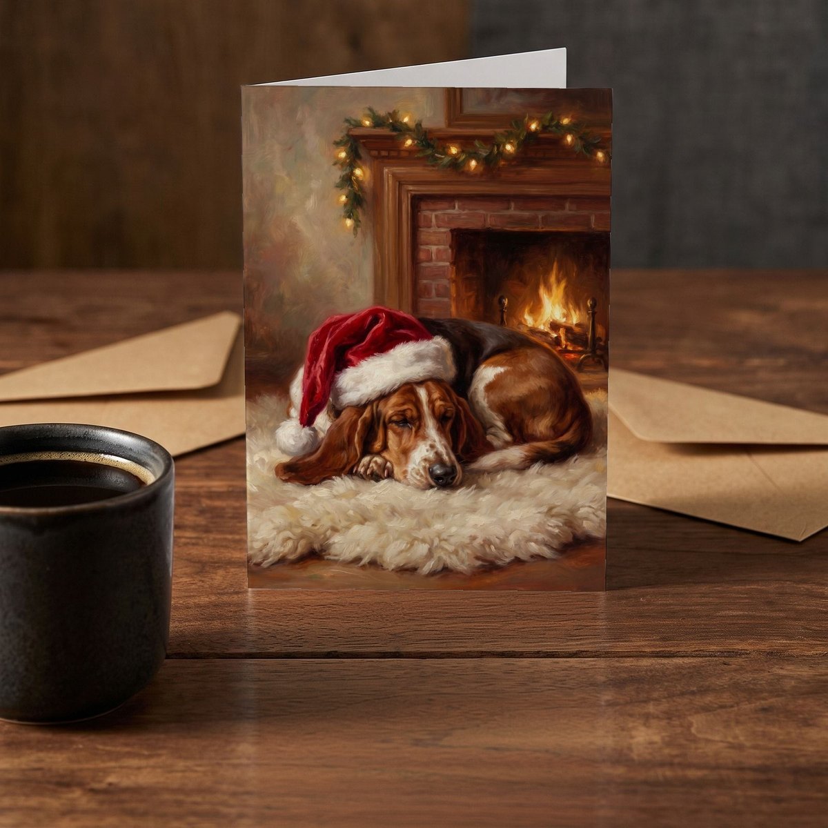A folded card standing on a rustic wood table beside a mug of coffee