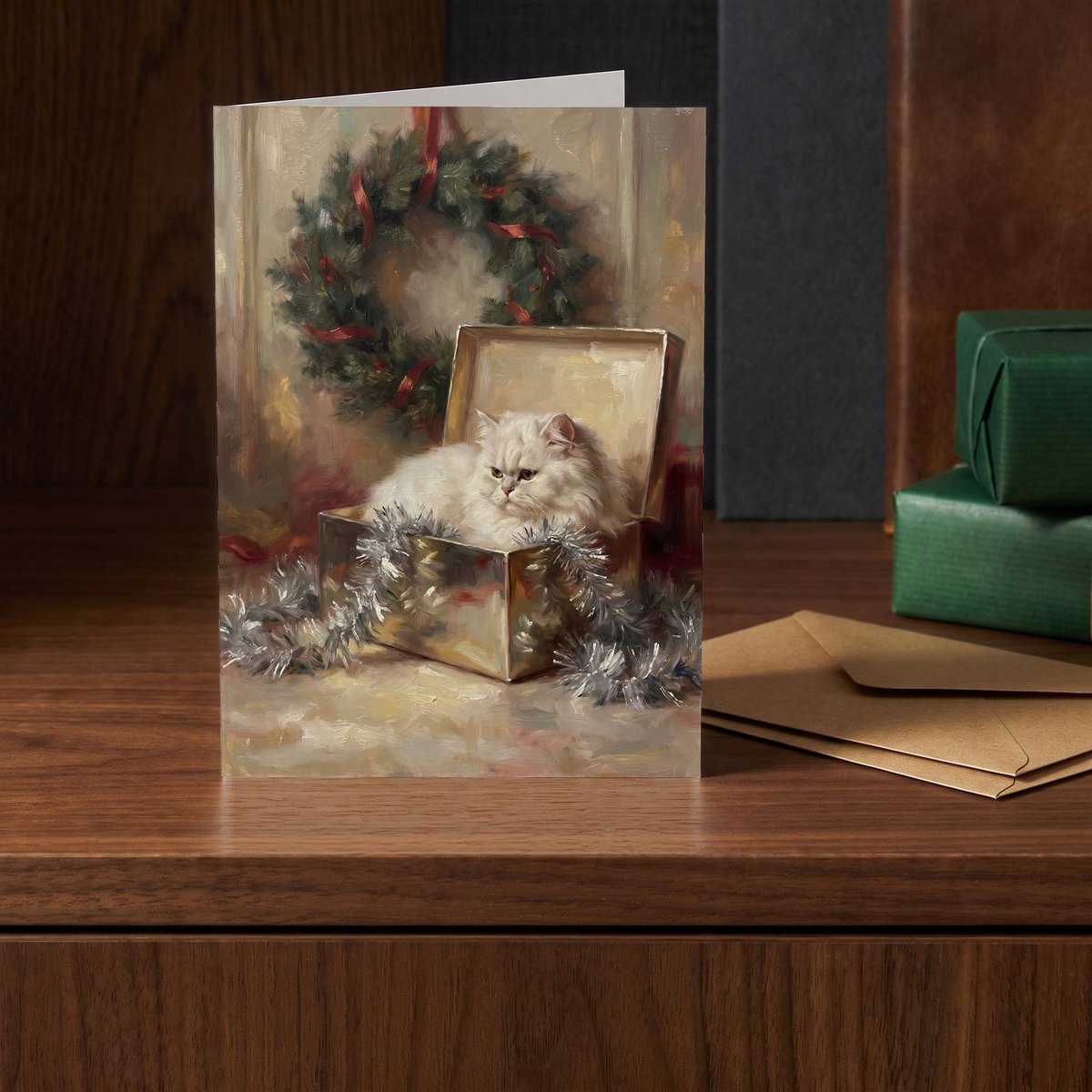 A folded card standing on a walnut sideboard beside two presents wrapped in green