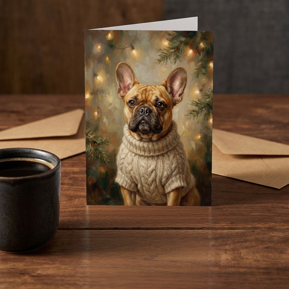 A folded card standing on a rustic wood table beside a mug of coffee