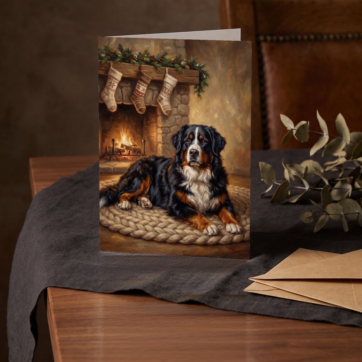 A folded card standing on a charcoal linen cloth with a sprig of dried eucalyptus
