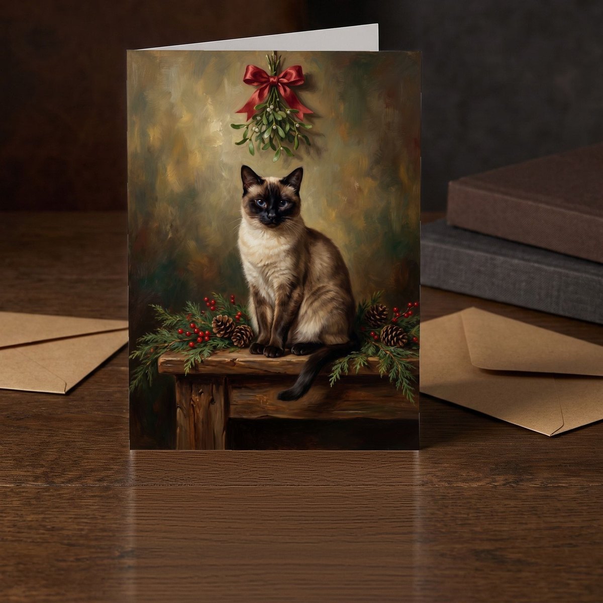 A folded card standing on a dark oak table beside two clothbound books