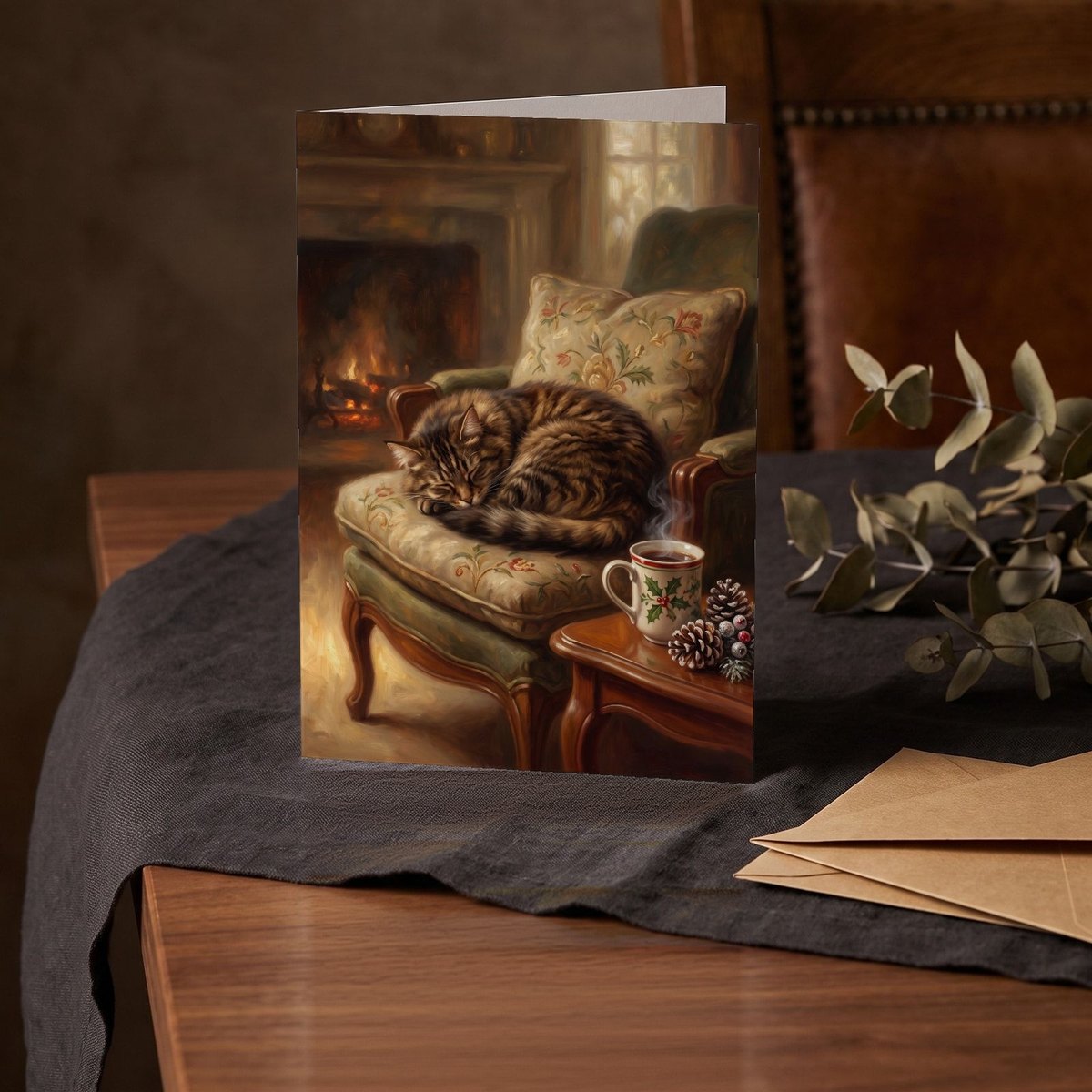 A folded card standing on a charcoal linen cloth with a sprig of dried eucalyptus