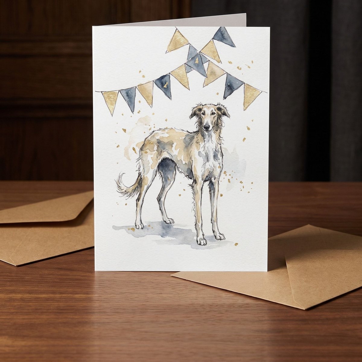 A folded card standing on a warm walnut table in a dim room