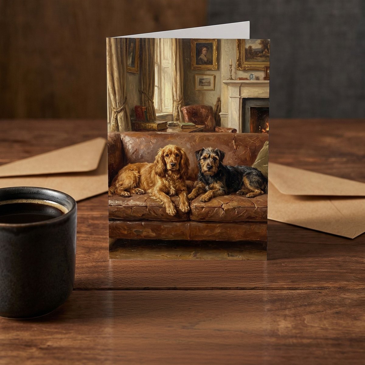 A folded card standing on a rustic wood table beside a mug of coffee