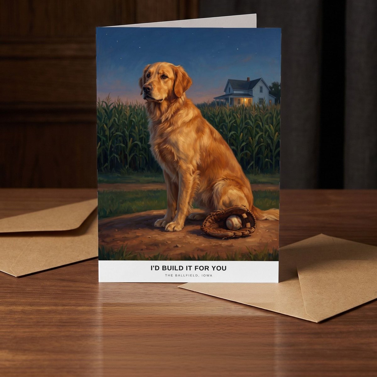A folded card standing on a warm walnut table in a dim room