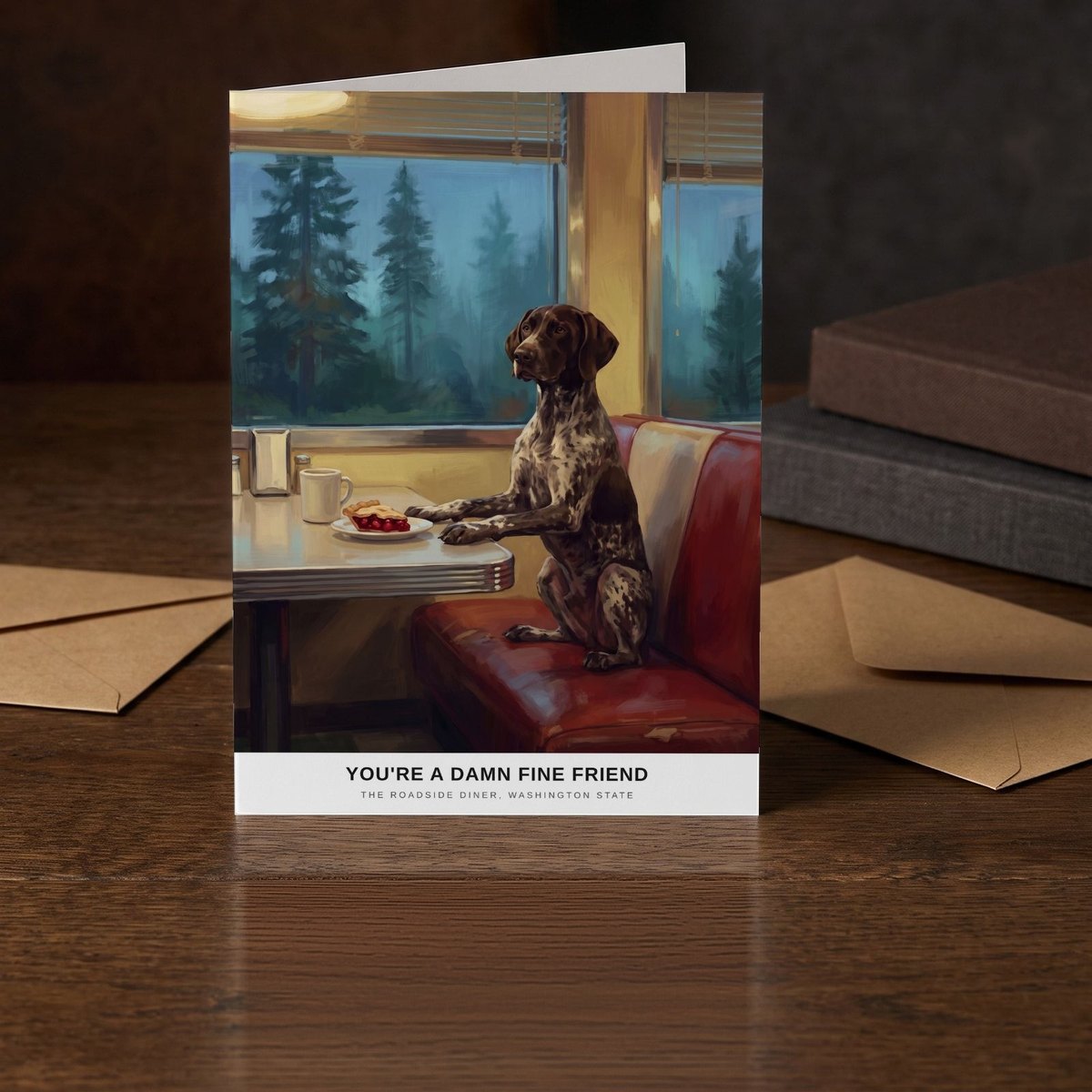 A folded card standing on a dark oak table beside two clothbound books
