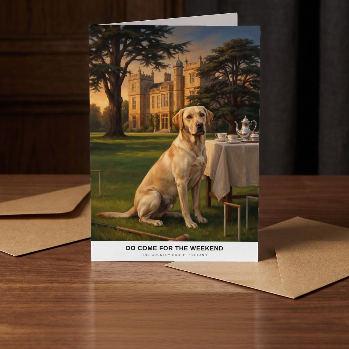 A folded card standing on a warm walnut table in a dim room