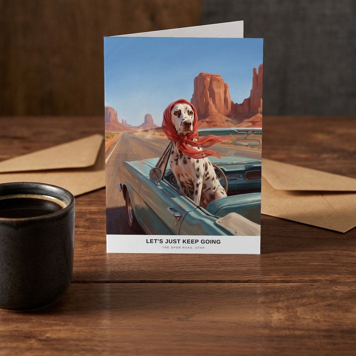 A folded card standing on a rustic wood table beside a mug of coffee