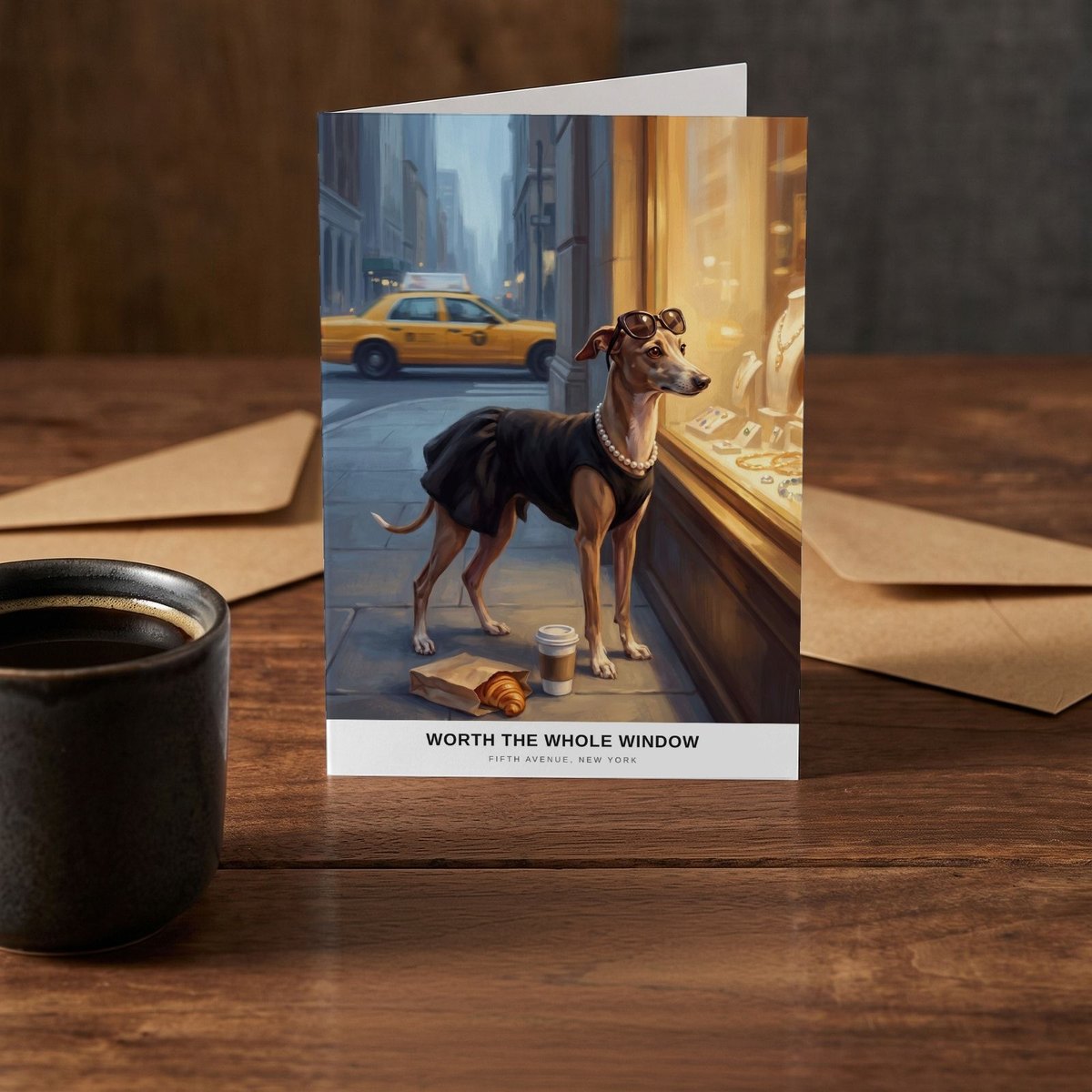 A folded card standing on a rustic wood table beside a mug of coffee