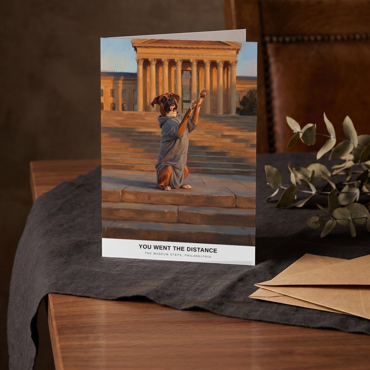 A folded card standing on a charcoal linen cloth with a sprig of dried eucalyptus