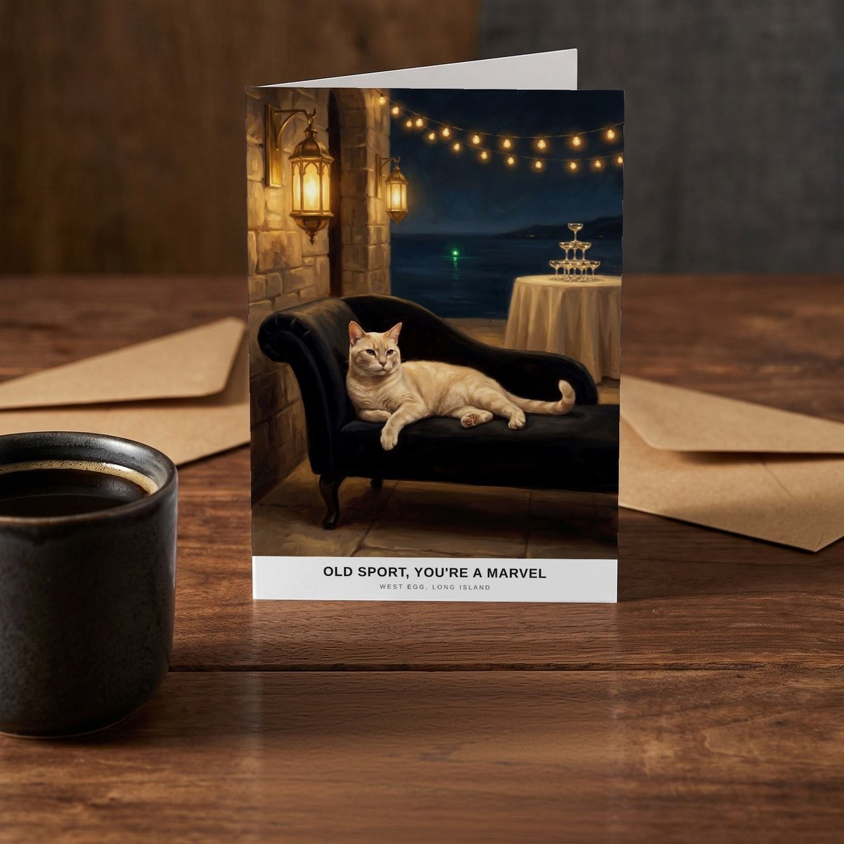 A folded card standing on a rustic wood table beside a mug of coffee