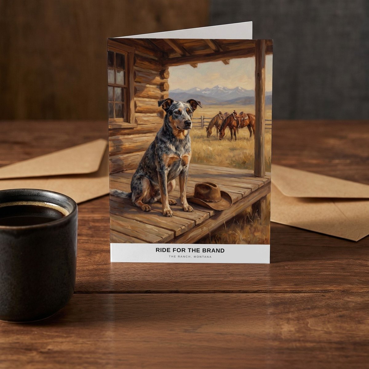 A folded card standing on a rustic wood table beside a mug of coffee