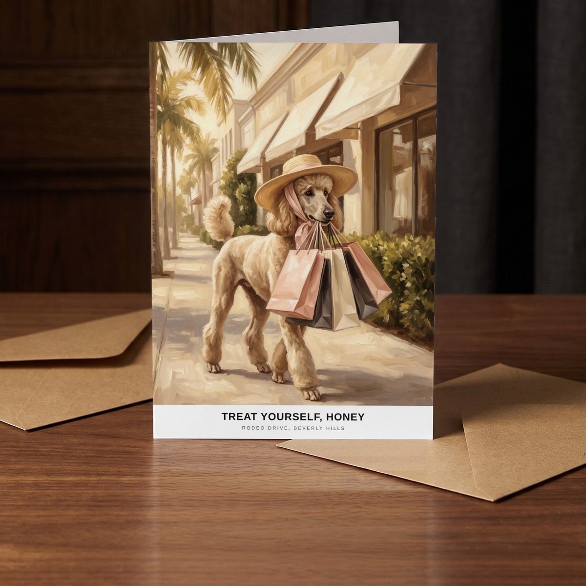 A folded card standing on a warm walnut table in a dim room