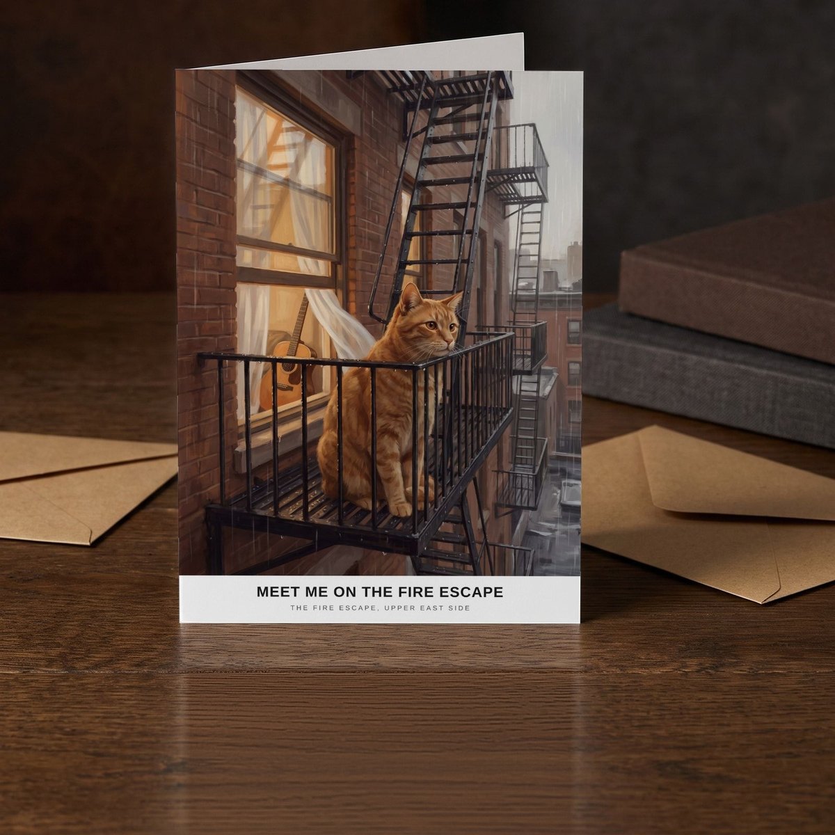 A folded card standing on a dark oak table beside two clothbound books