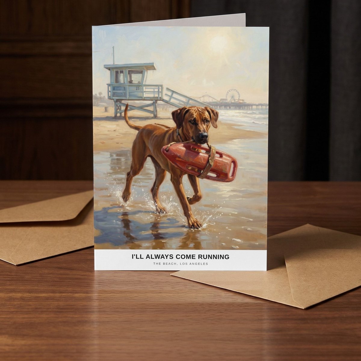 A folded card standing on a warm walnut table in a dim room