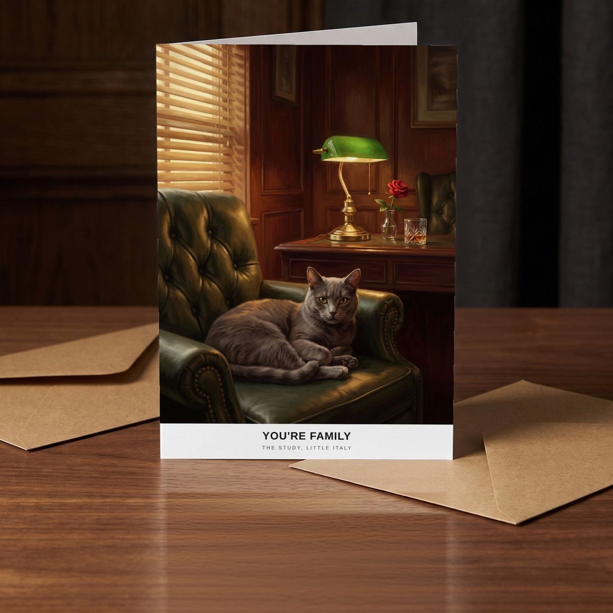 A folded card standing on a warm walnut table in a dim room