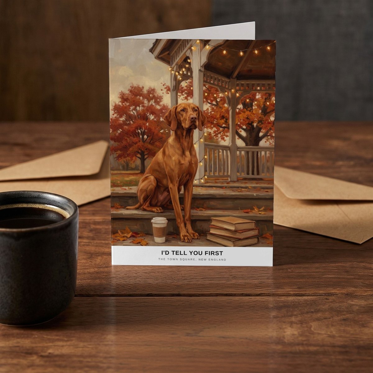 A folded card standing on a rustic wood table beside a mug of coffee