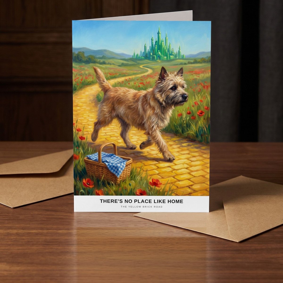 A folded card standing on a warm walnut table in a dim room