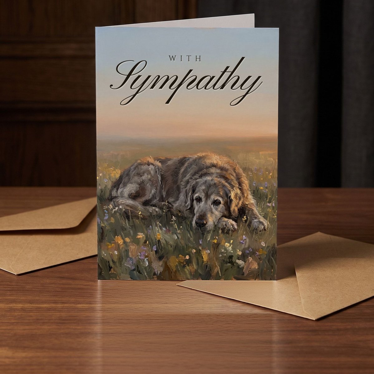 A folded card standing on a warm walnut table in a dim room