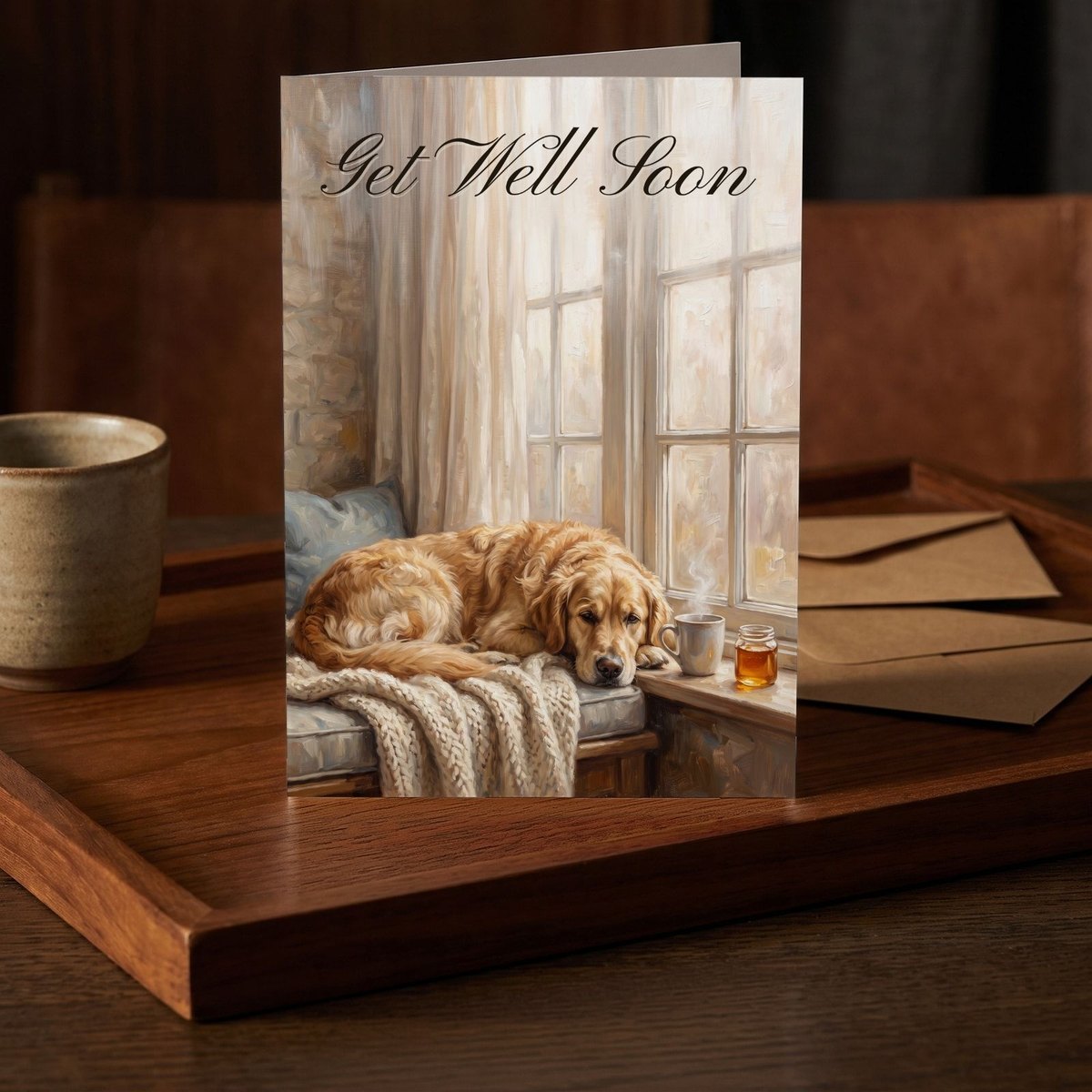 A folded card standing on a dark teak tray beside a small stoneware cup
