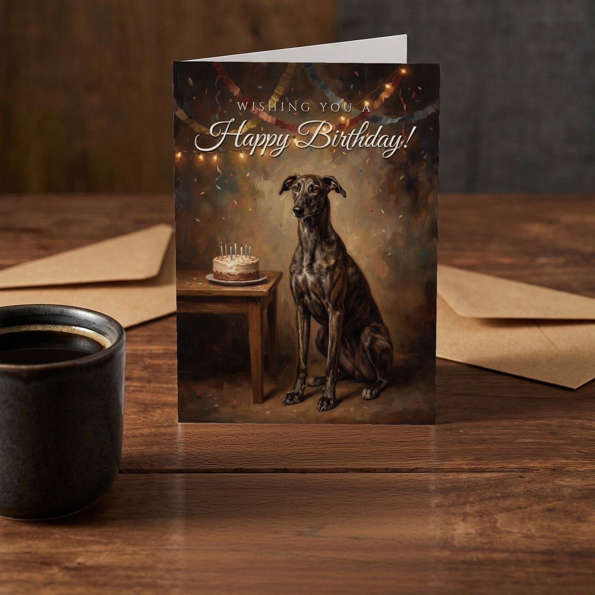 A folded card standing on a rustic wood table beside a mug of coffee