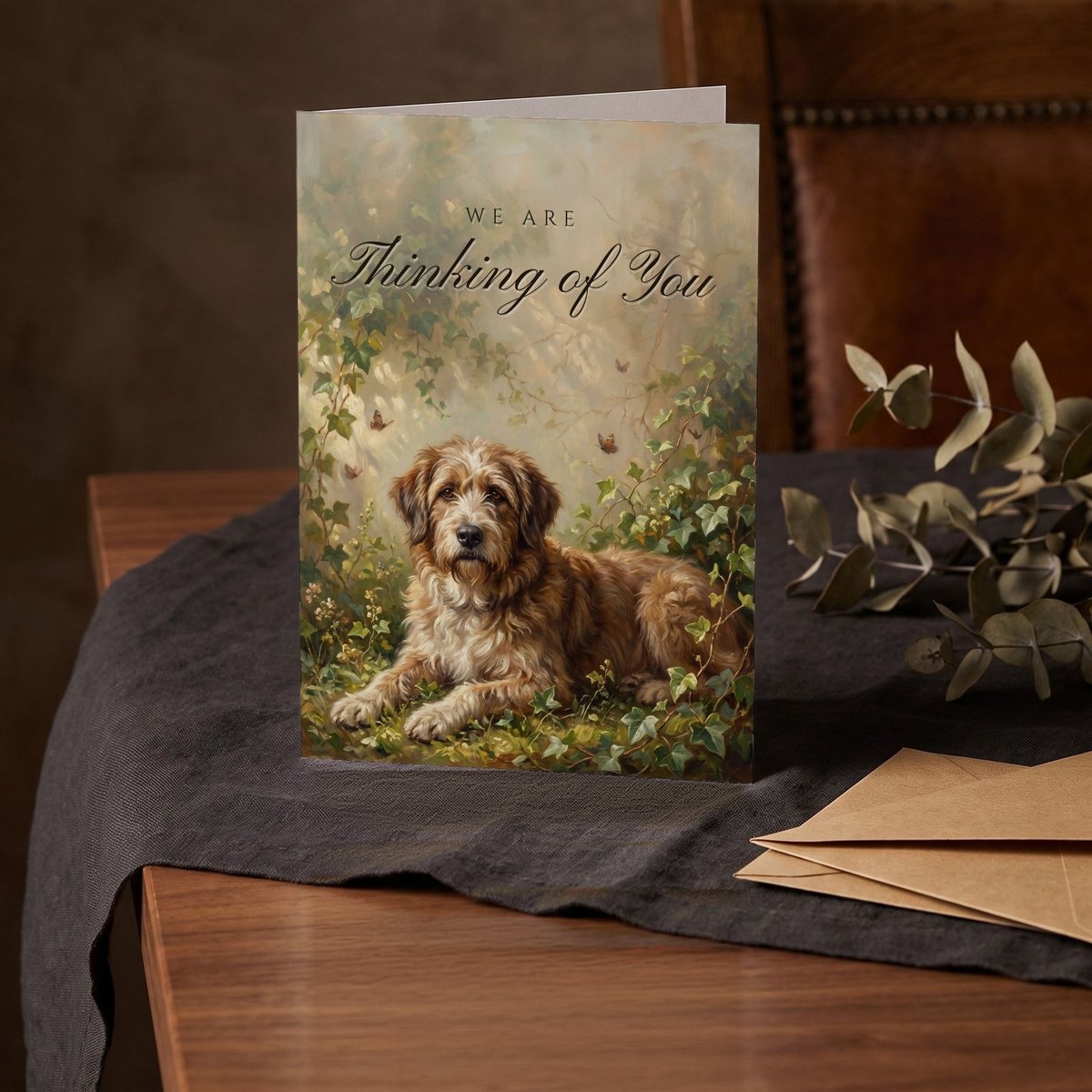 A folded card standing on a charcoal linen cloth with a sprig of dried eucalyptus