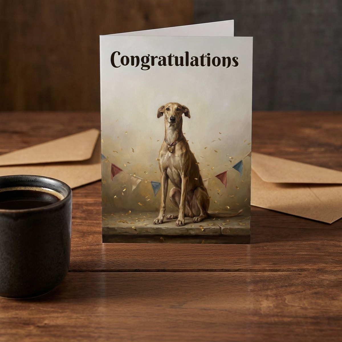 A folded card standing on a rustic wood table beside a mug of coffee