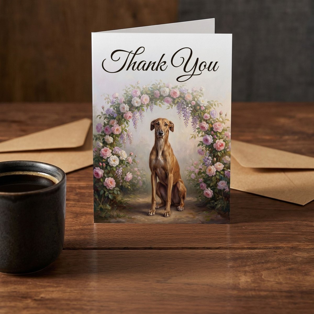 A folded card standing on a rustic wood table beside a mug of coffee
