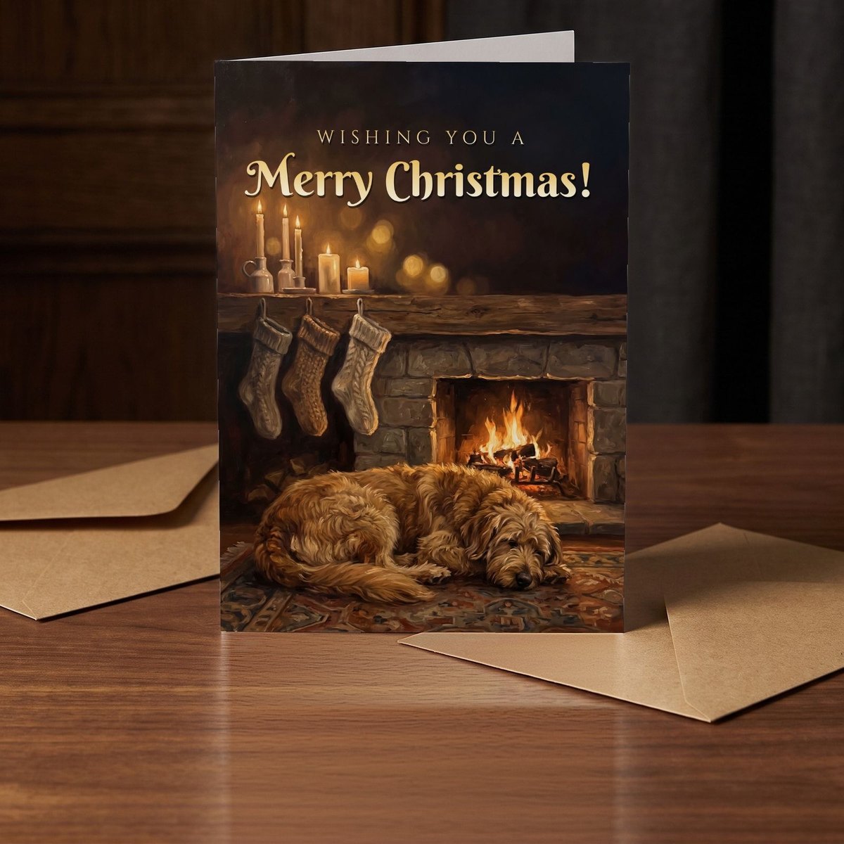 A folded card standing on a warm walnut table in a dim room