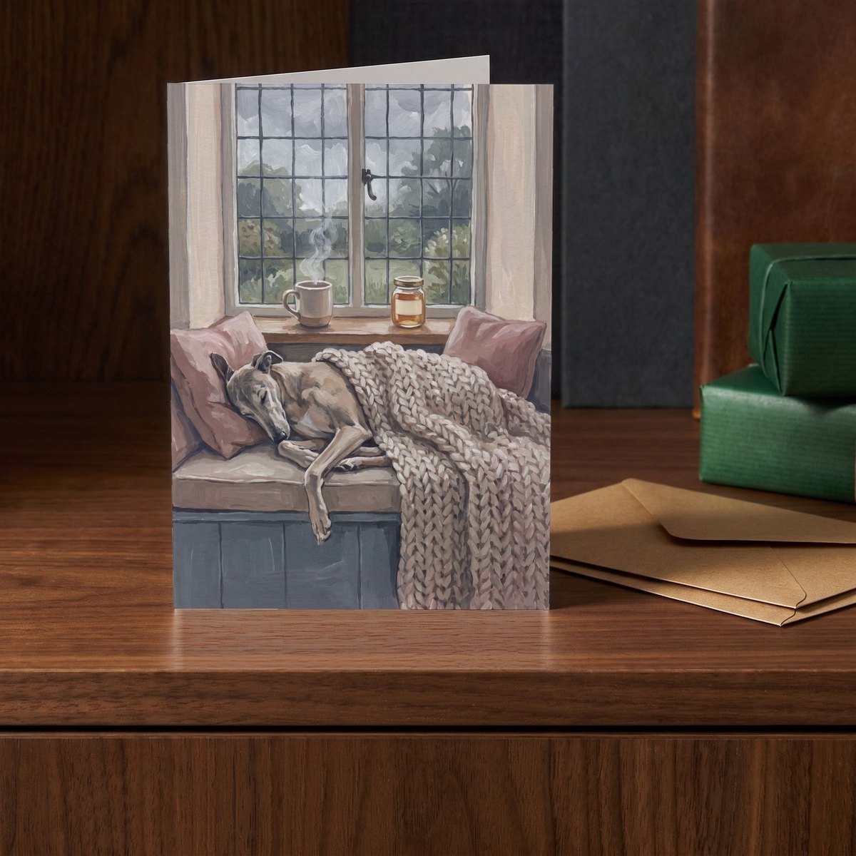 A folded card standing on a walnut sideboard beside two presents wrapped in green