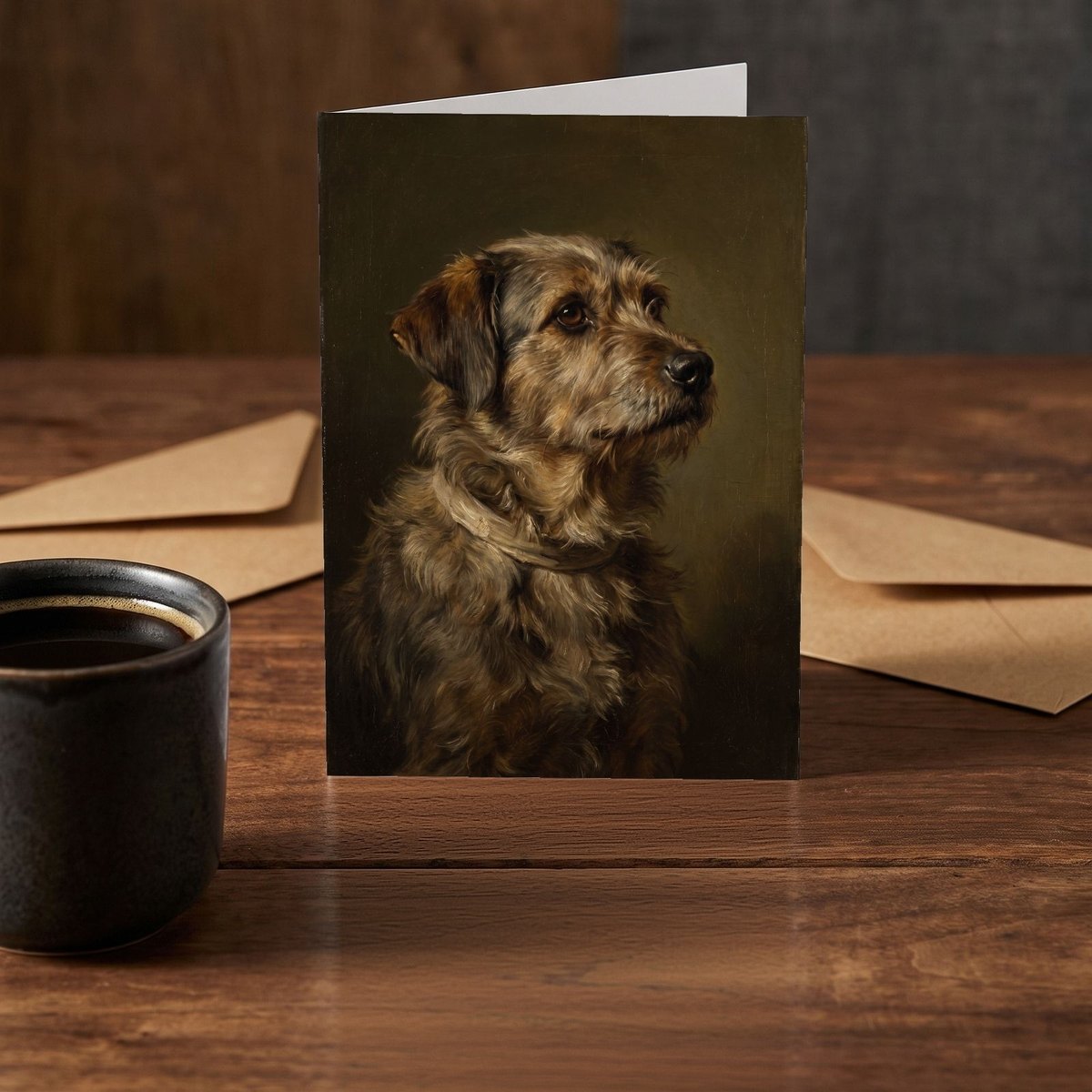 A folded card standing on a rustic wood table beside a mug of coffee