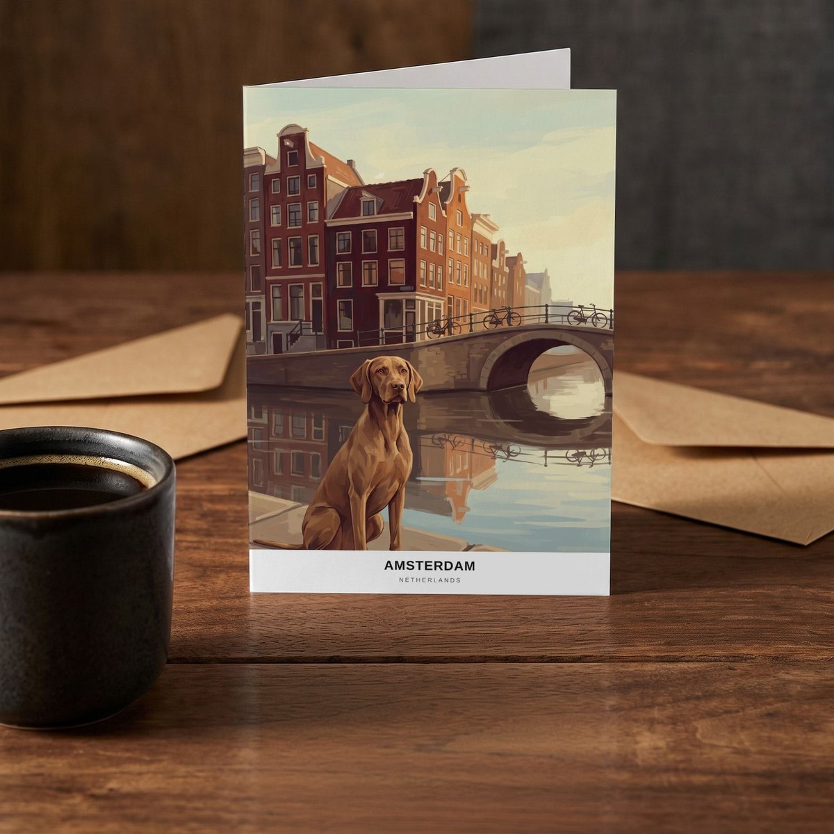 A folded card standing on a rustic wood table beside a mug of coffee