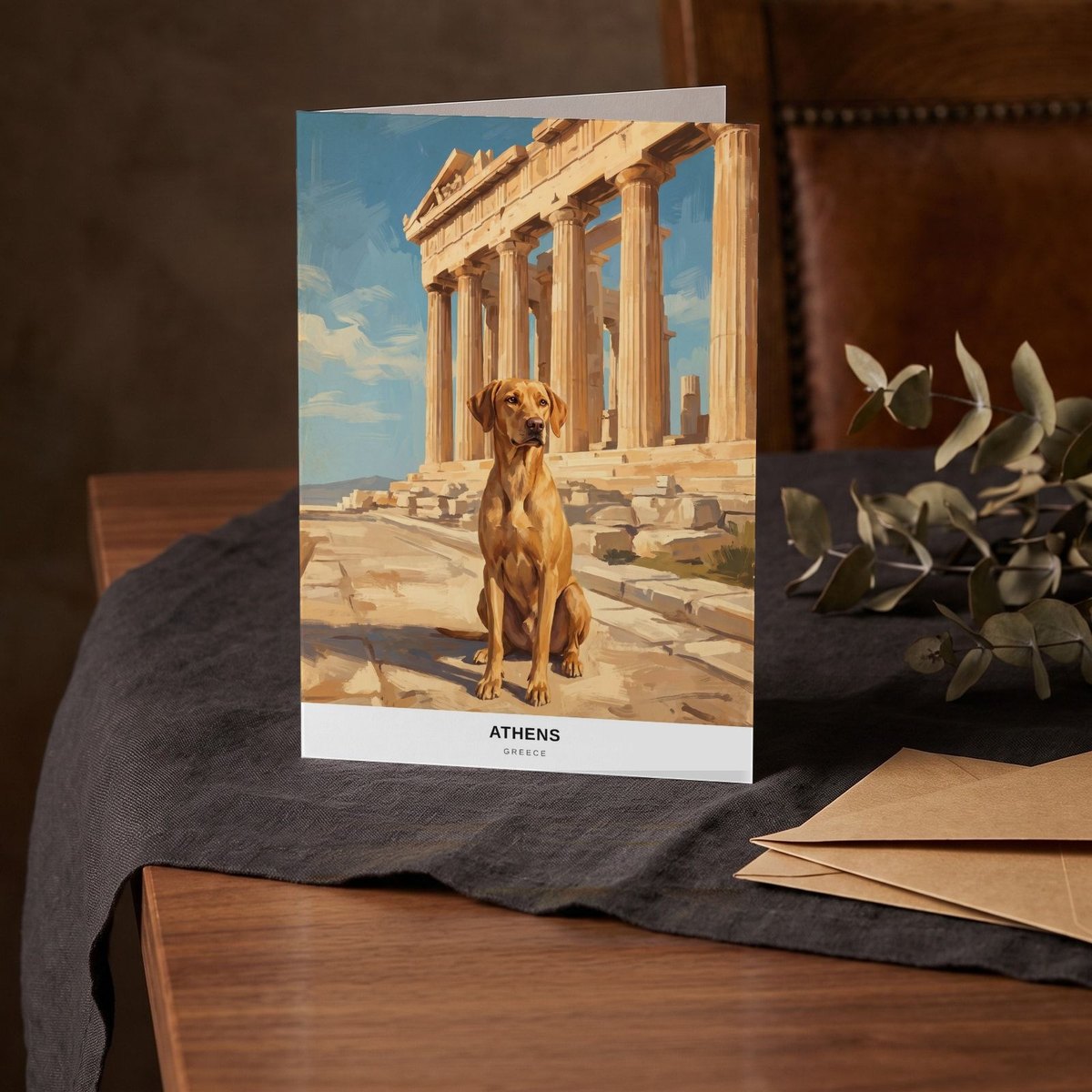 A folded card standing on a charcoal linen cloth with a sprig of dried eucalyptus