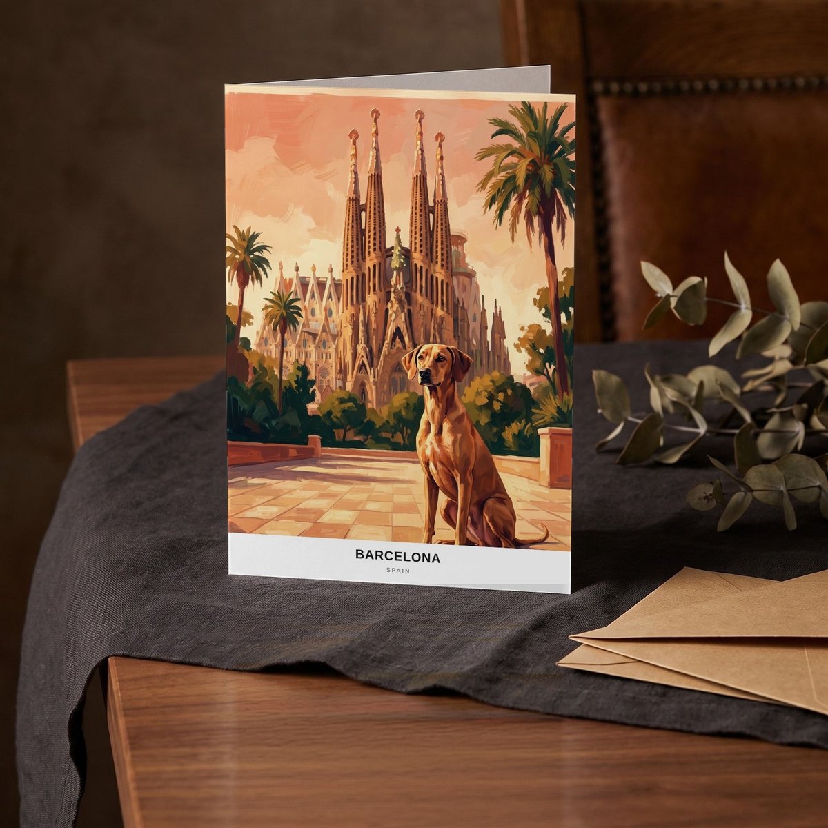 A folded card standing on a charcoal linen cloth with a sprig of dried eucalyptus