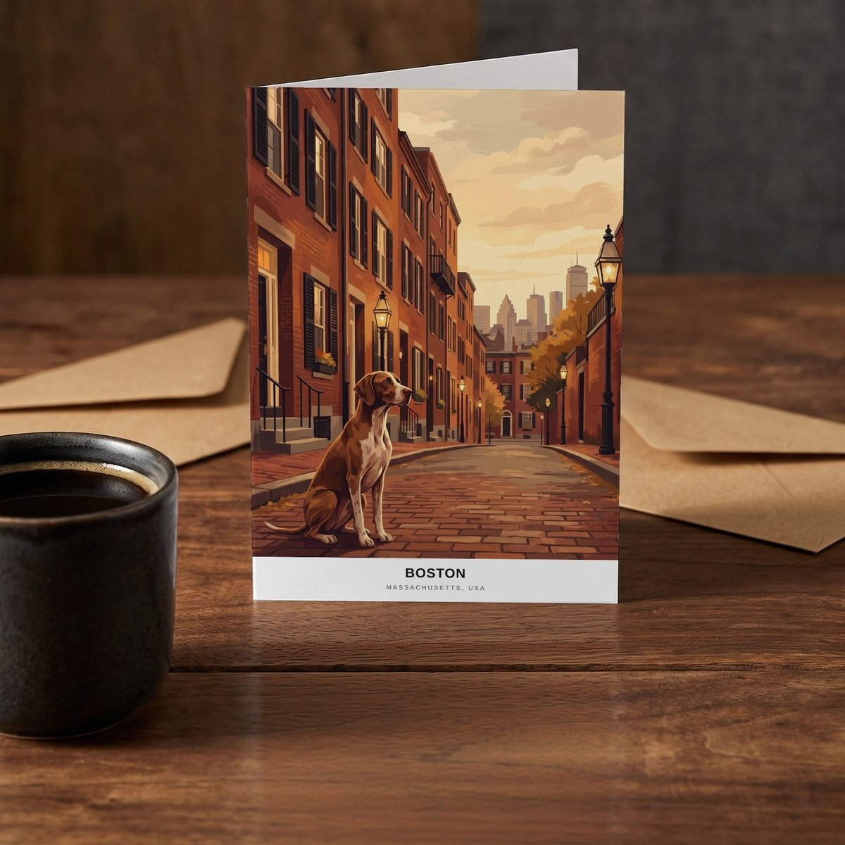 A folded card standing on a rustic wood table beside a mug of coffee