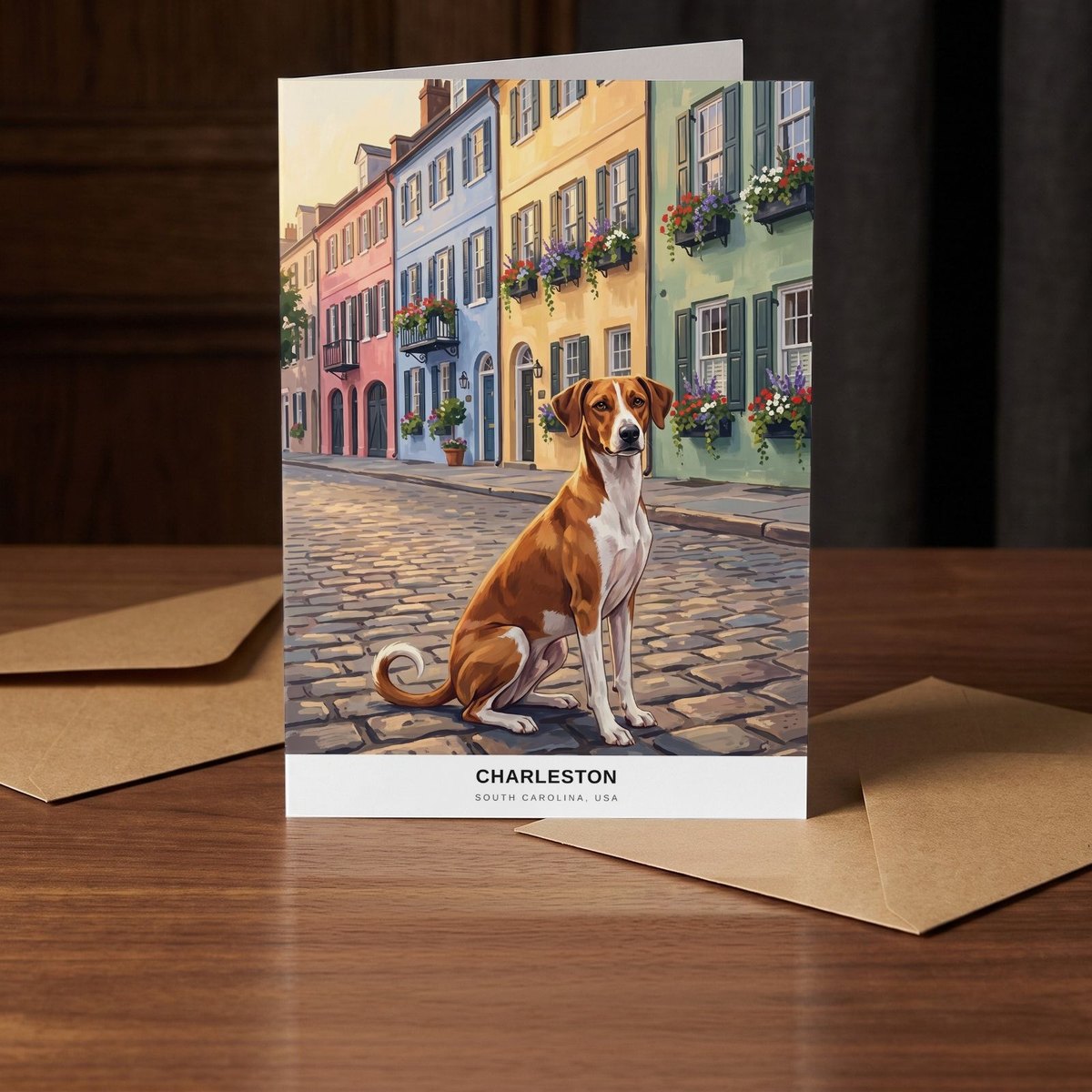 A folded card standing on a warm walnut table in a dim room