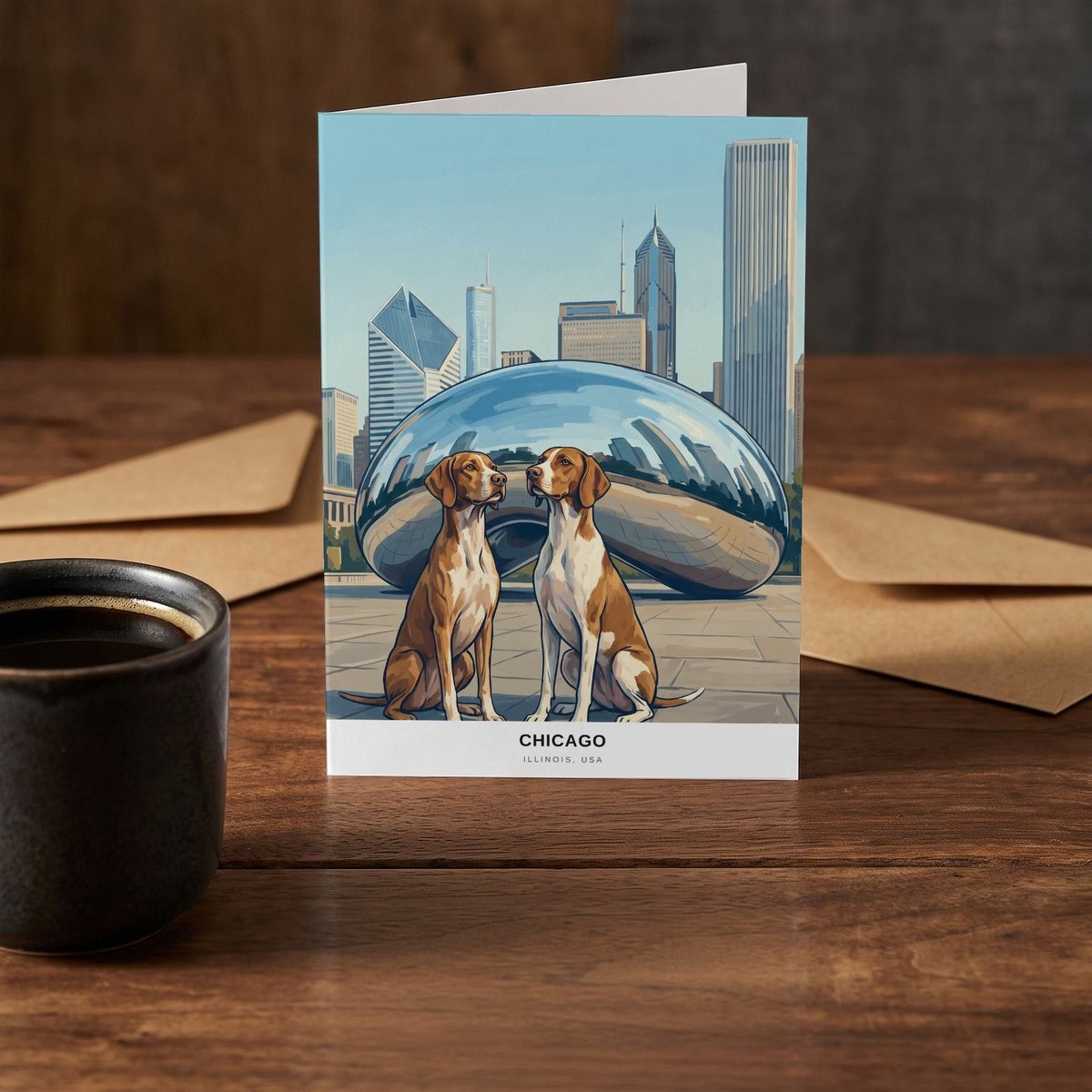 A folded card standing on a rustic wood table beside a mug of coffee