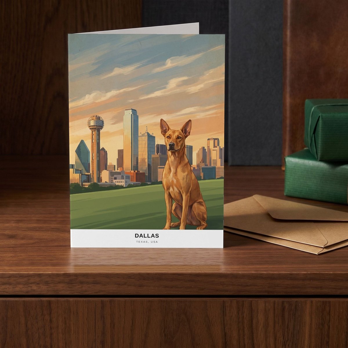 A folded card standing on a walnut sideboard beside two presents wrapped in green