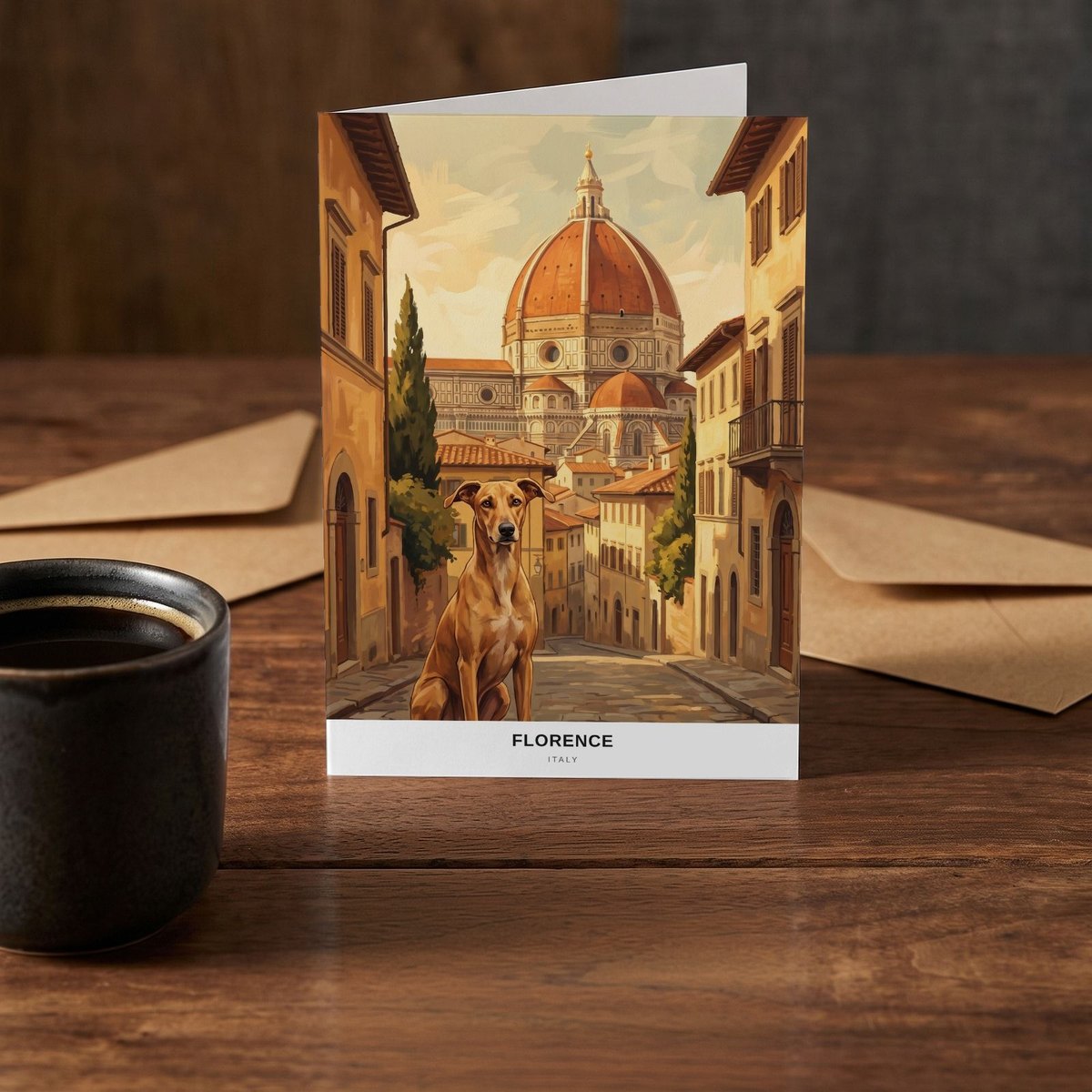 A folded card standing on a rustic wood table beside a mug of coffee