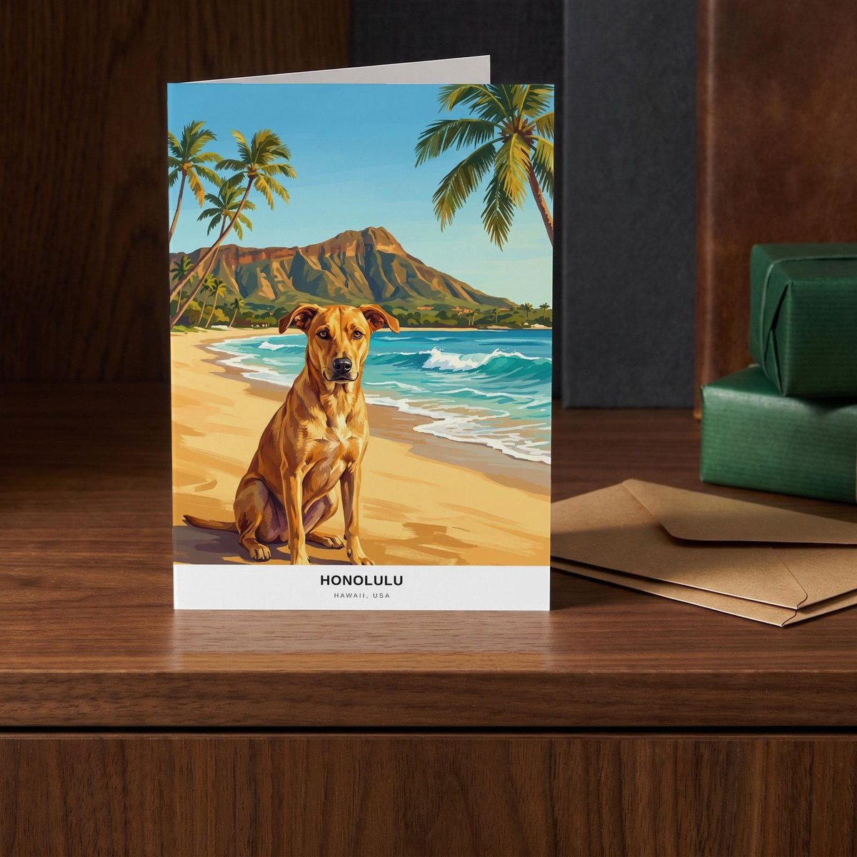 A folded card standing on a walnut sideboard beside two presents wrapped in green