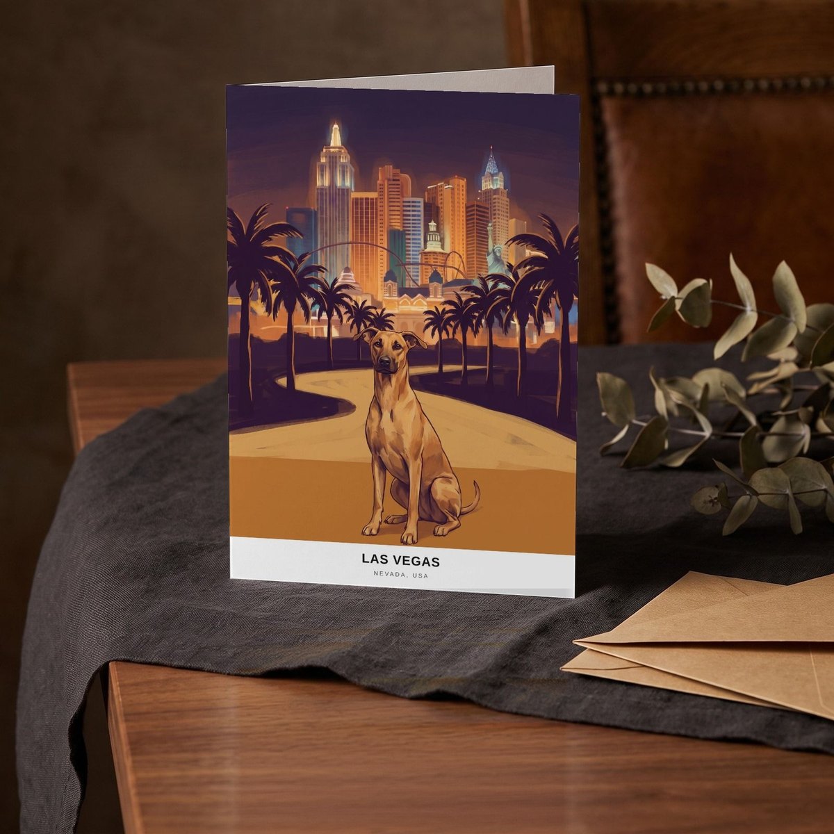 A folded card standing on a charcoal linen cloth with a sprig of dried eucalyptus