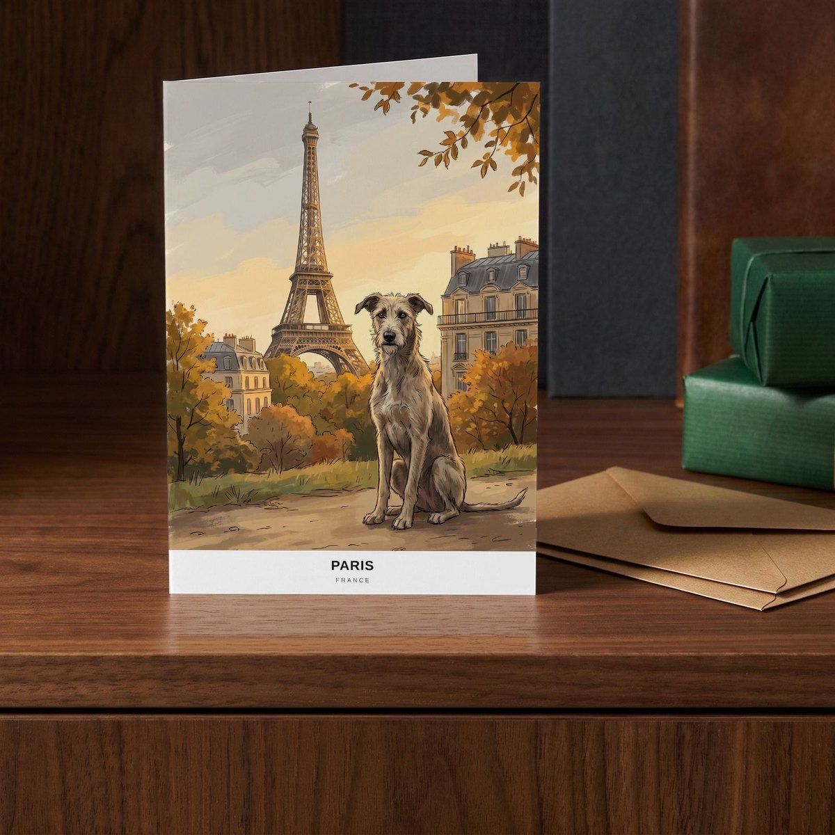 A folded card standing on a walnut sideboard beside two presents wrapped in green