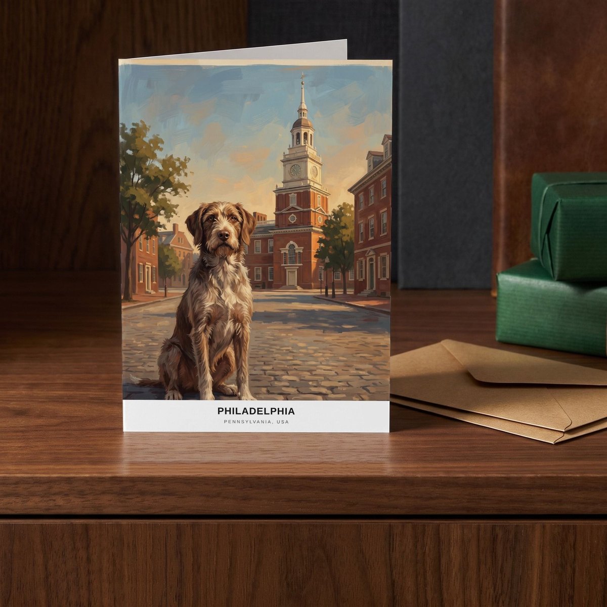 A folded card standing on a walnut sideboard beside two presents wrapped in green